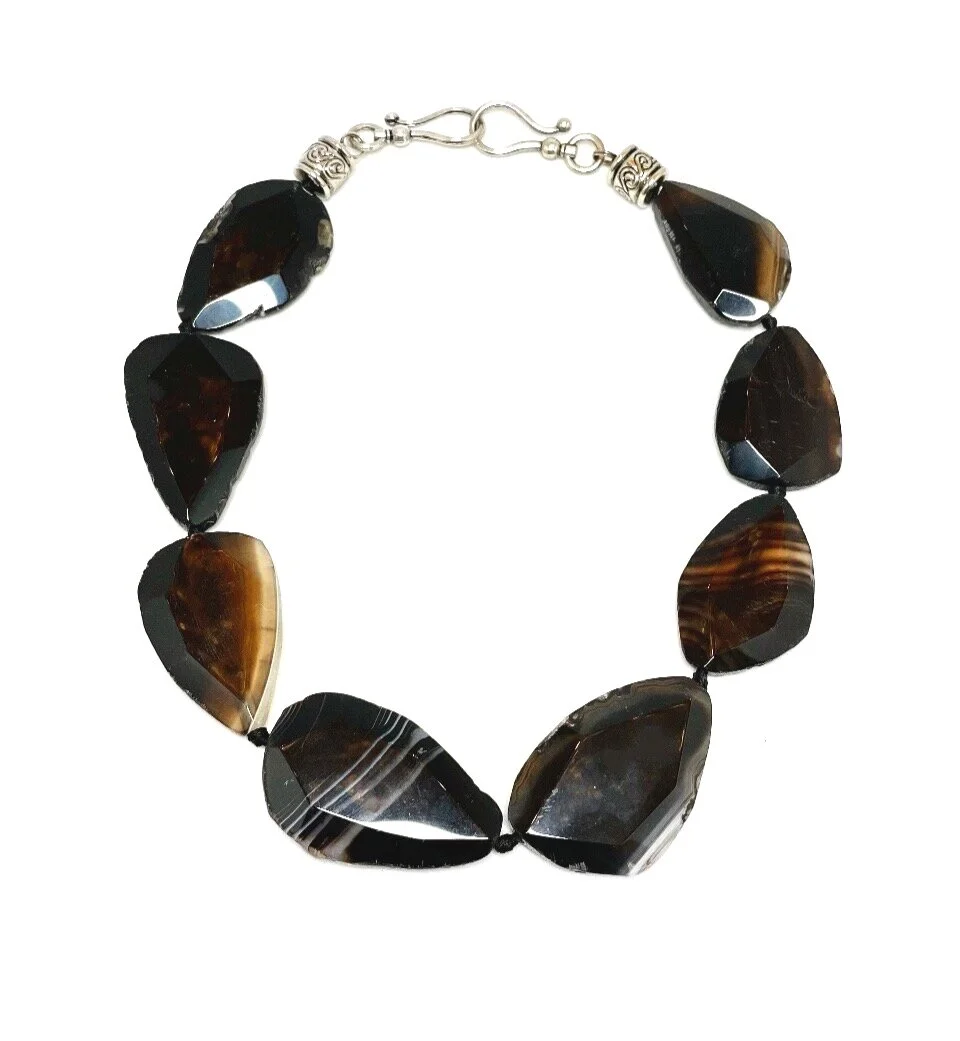 Hand-Knotted Faceted Black Agate with Brown and White Veining Necklace
