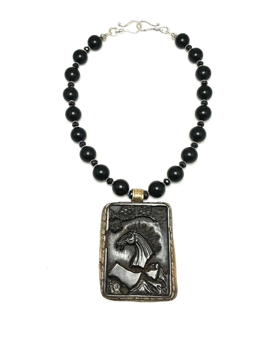 Onyx, Crystal, and Silver Reversible Horse/Elephant Medallion Necklace