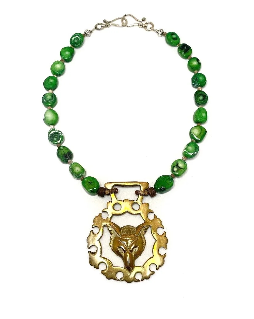 Coral, Agate, and Wood with Fox Horse Brass Medallion Necklace