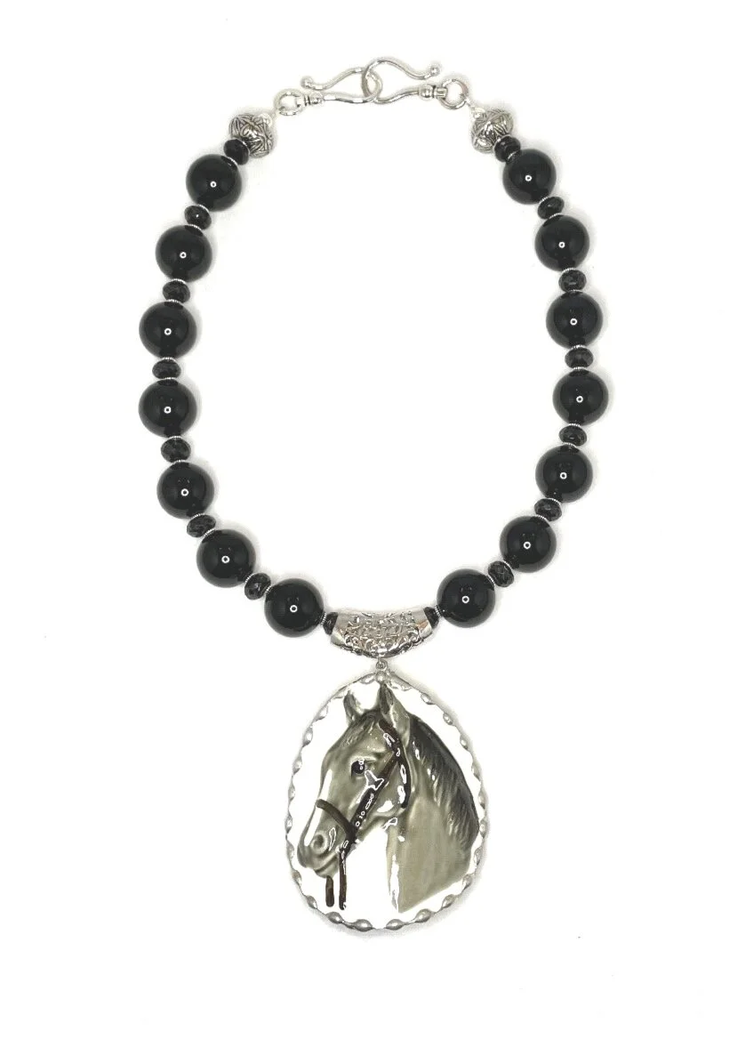 Onyx, Crystal and Silver with Porcelain Horse Medallion Necklace