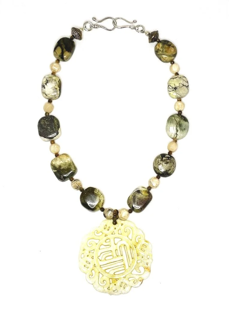 Green/Variegated Jasper, Tiger Eye with Carved Jade Medallion Necklace