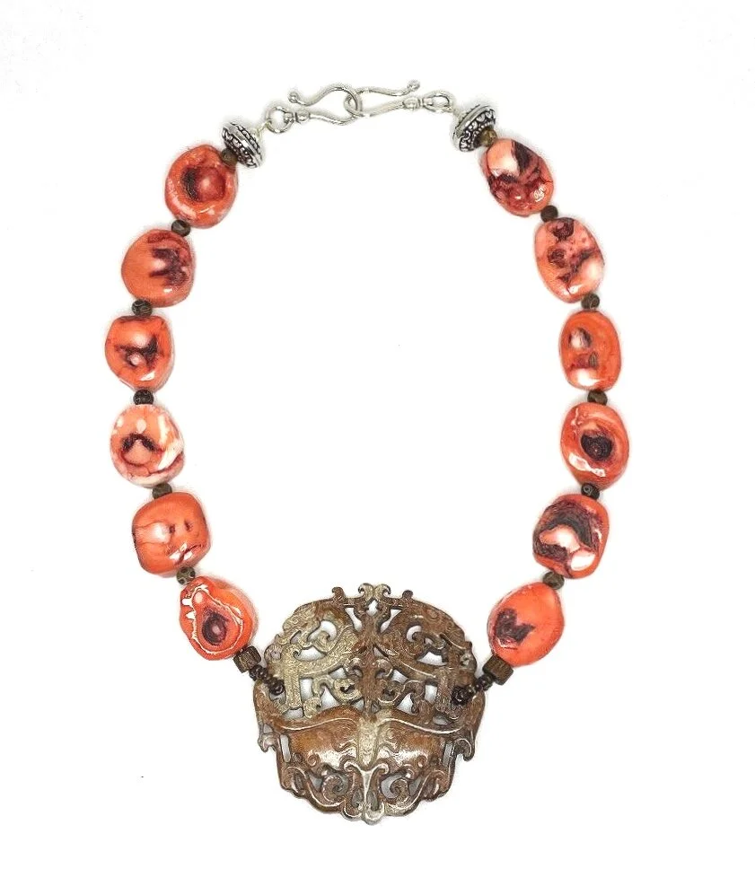Coral, Wood, Tibetan Agate with Carved Jade Medallion Necklace
