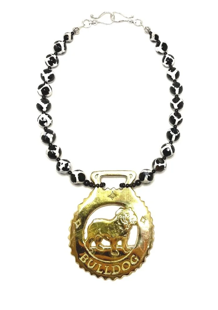 Tibetan Agate with Bulldog Horse Brass Medallion Necklace