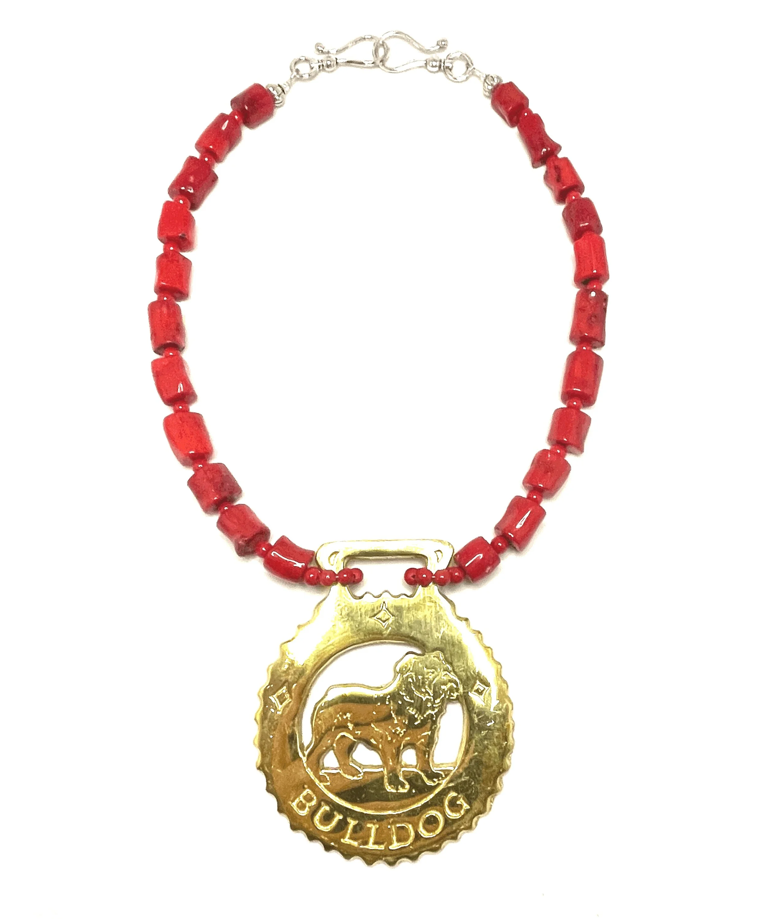 Coral with Bulldog Horse Brass Medallion Necklace