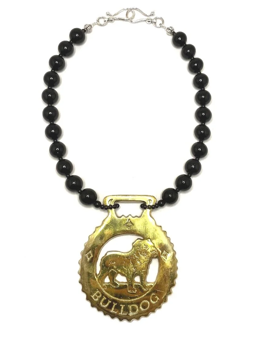 Onyx/ with Bulldog Horse Brass Medallion Necklace