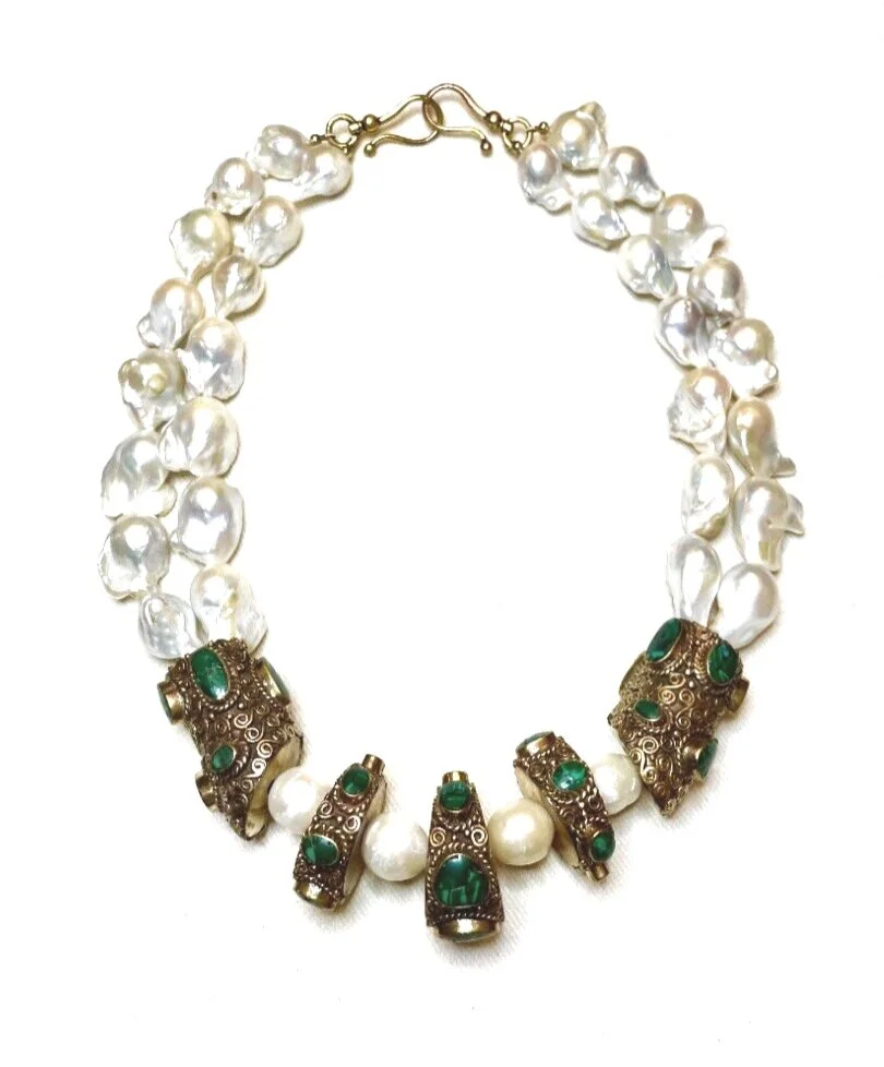 Double Strand Baroque Pearl with Emerald and Tibetan Gold Medallion Necklace
