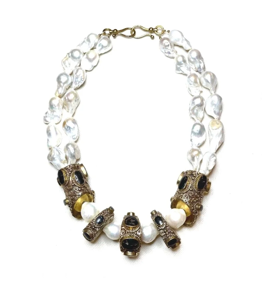 Double Strand Baroque Pearls with Onyx and Tibetan Gold Medallion Necklace