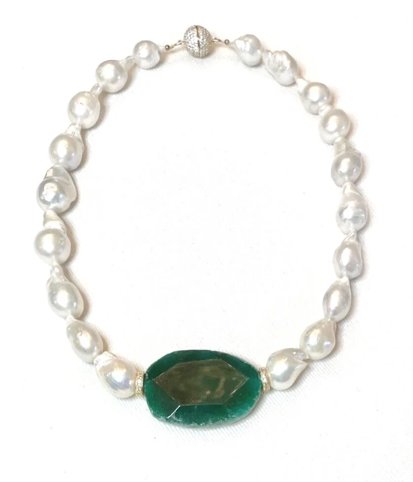 Baroque Pearl with Faceted Emerald Agate and Gold Roundel Medallion with Magnetic Clasp