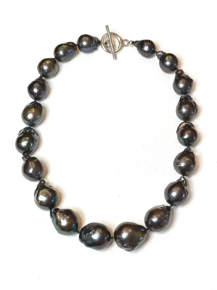 19” Black Baroque Hand-Knotted Pearls with Sterling Silver Toggle Clasp