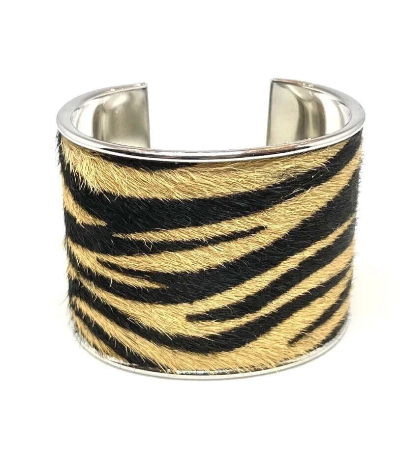 Tan/Black Zebra Print/Cowhide 2" Nickel Cuff Inlay