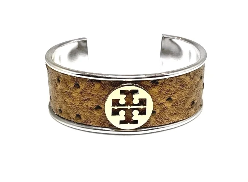 Vintage Tory Burch Gold Medallion on Ostrich Print 1" Nickel Cuff Inlay