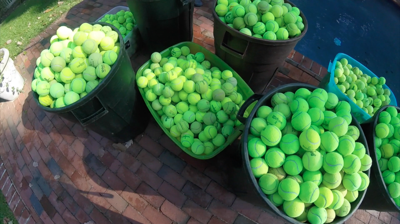 Garbage Cans full of Tennis balls for Dan's Dog Walking and Pet Sitting Video Tennis Balls for Everything.png