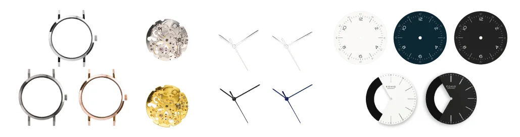 機械腕錶工作坊(視像版)客製款 : 腕錶上的五款錶盤,兩款機芯,四款錶針可以任意搭配,還有優質歐洲皮錶帶可以選擇。