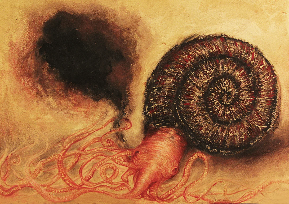 Inkwell. Oil Pastel, Watercolor, Colored Pencil, Acrylic Paint on Antique Paper.