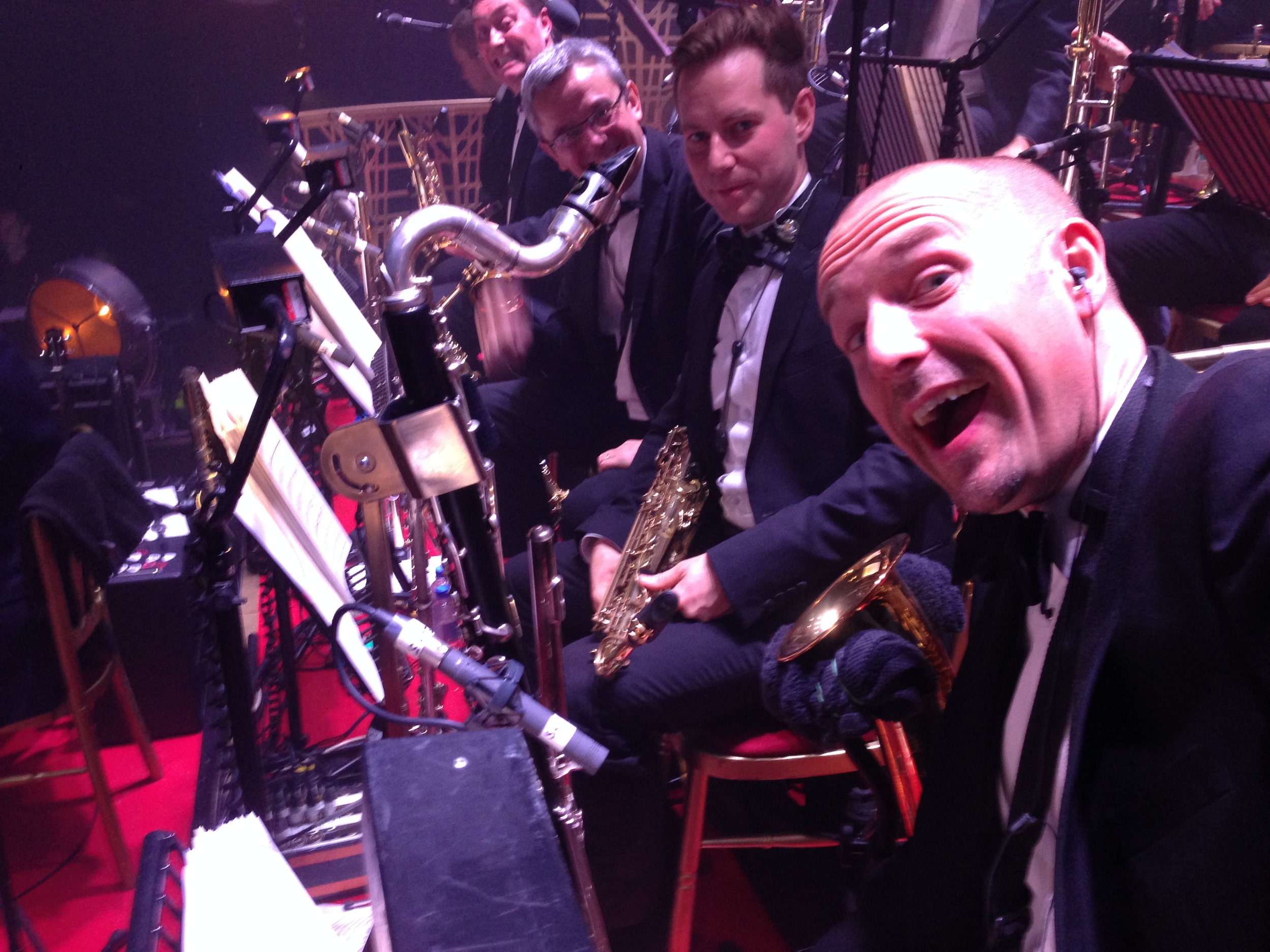 Robbie Williams Sax Section, London Palladium, 2013. Dave Bishop, Jamie Talbot, Graeme Blevins, MW