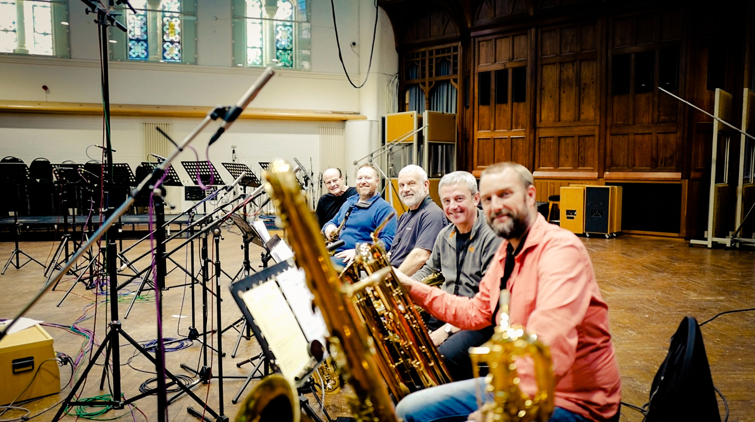 Recording baritone sax, bass sax, tubax at AIR Studios for the Isle Of Dogs movie, September 2017. Conrad Pope, Howard McGill, Phil Todd, Jamie Talbot, MW