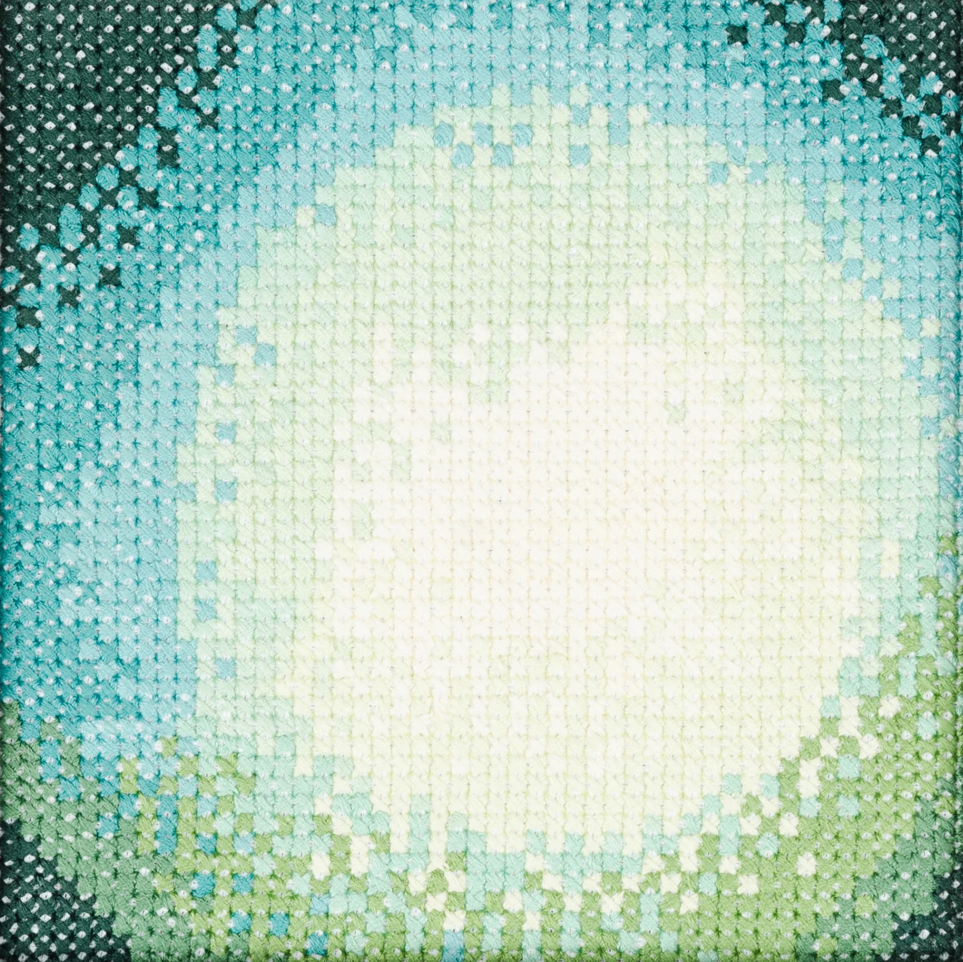 PIERRE LE RICHE. Gradient in blue and green, 2016. Cross-stitch embroidery on Aida cloth. 2500 stitched. 190 x 190mm. Framed.jpg