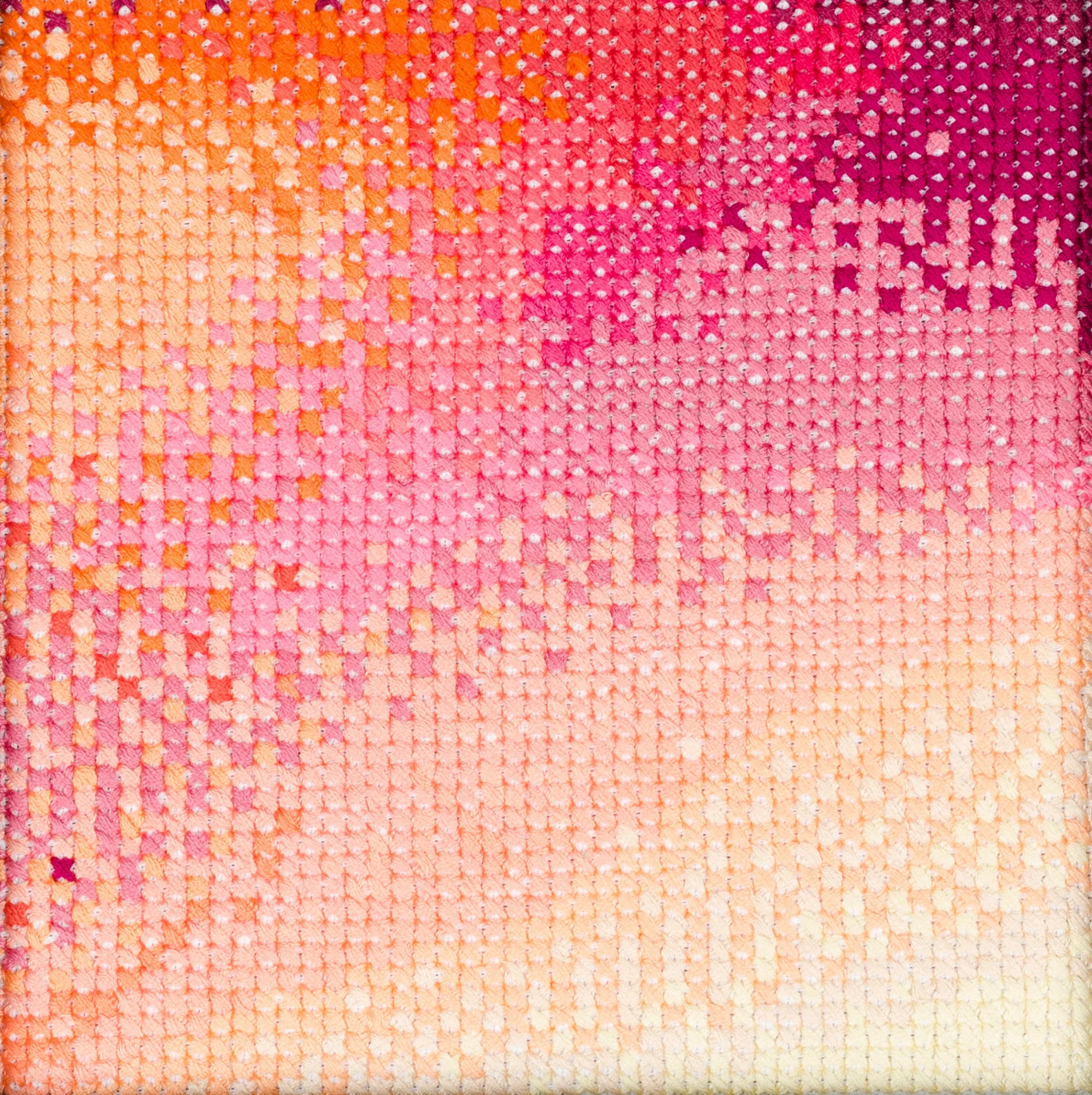 PIERRE LE RICHE. Gradient in pink and orange, 2016. Cross-stitch embroidery on Aida cloth. 2500 stitched. 190 x 190mm. Framed.jpg