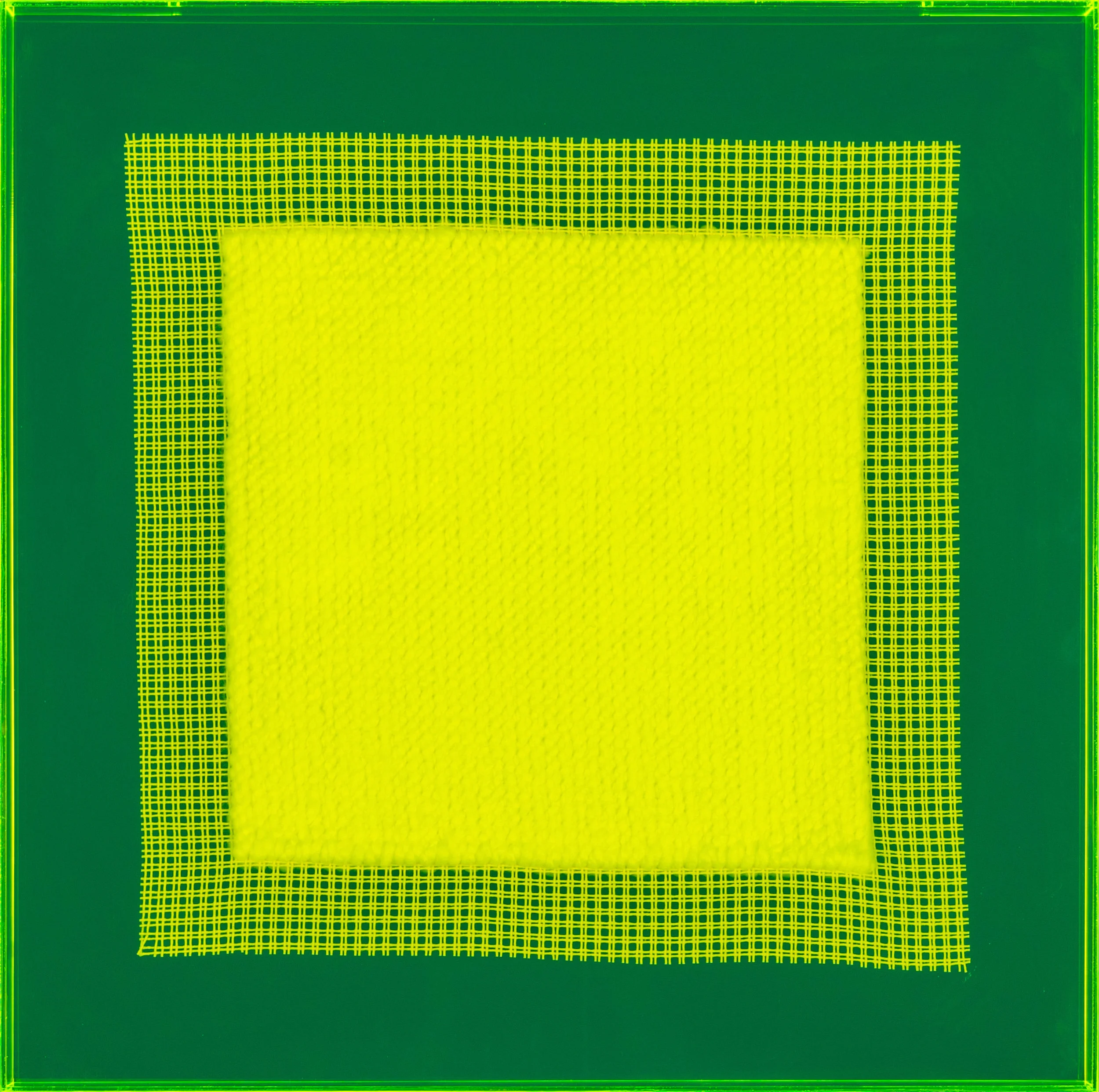 PIERRE LE RICHE. Tapestries in acid green, 2016. Acrylic yarn on tapestry mesh. 600 x 600 x 45mm - 2.jpg