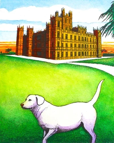 "Downton Abbey", Hand colored etching, 5" x 4"