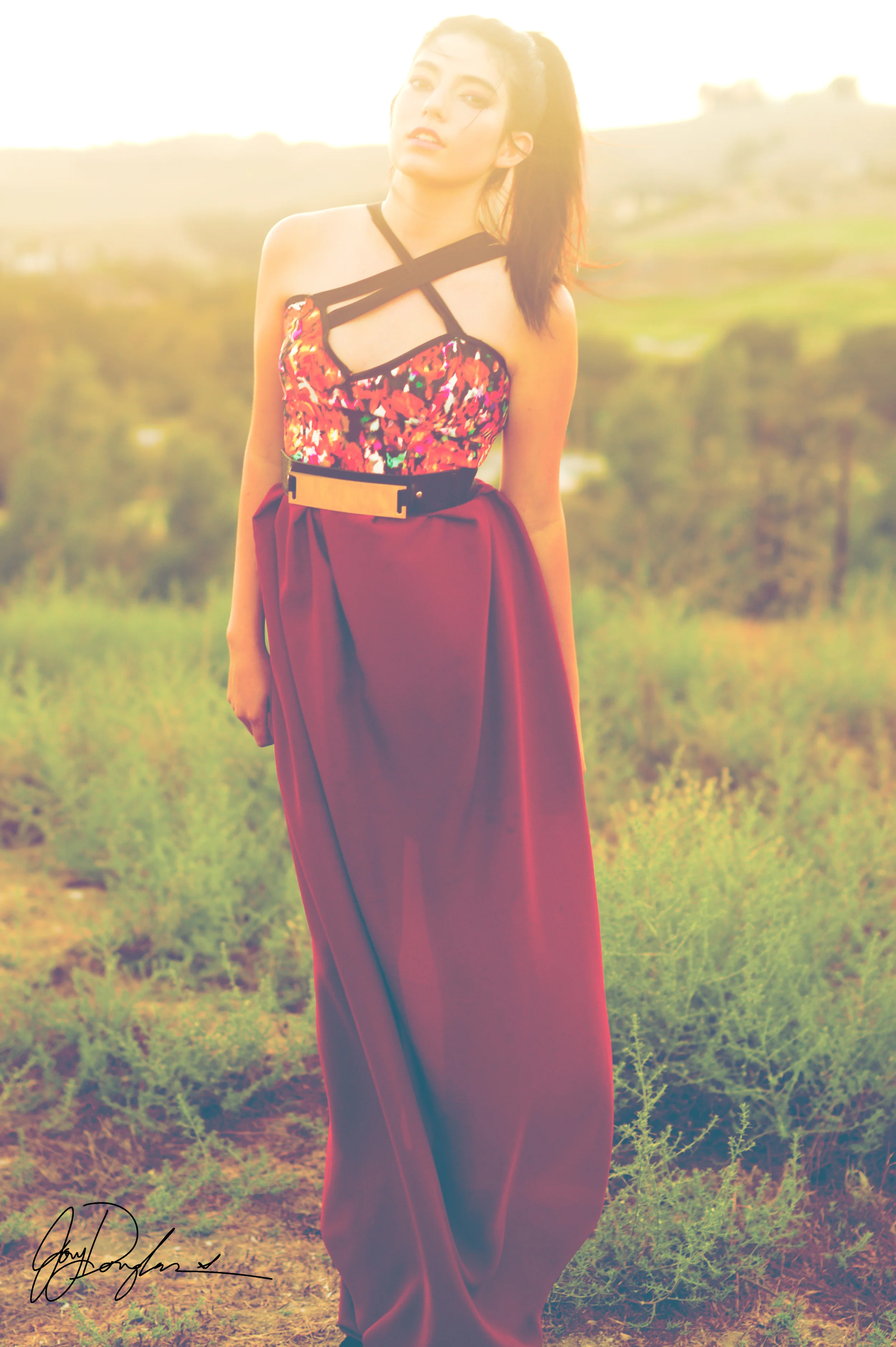  Multicolor stretch denim bodice with attached double layer chiffon skirt. &nbsp;Three straps criss cross in the front of the dress.&nbsp;  Model: Romy Flores Hair styling: Kevin Tate MUA: Deidre Knight Stylist: Rachel Featherstone Lighting Assistant