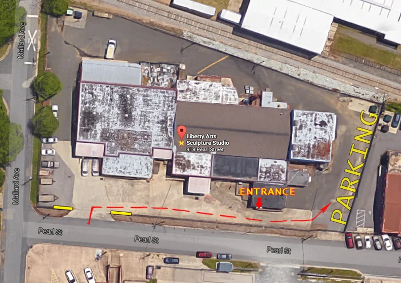 Liberty Arts Sculpture Studio is now located at 918 Pearl St. (Durham NC 27701), in what used to be the Triangle Brewing Co. brewery. Please enter through the yellow gate on the Pearl St. side, immediately turn right and follow the fence to the corner of the building. Please park anywhere along the back fence line.