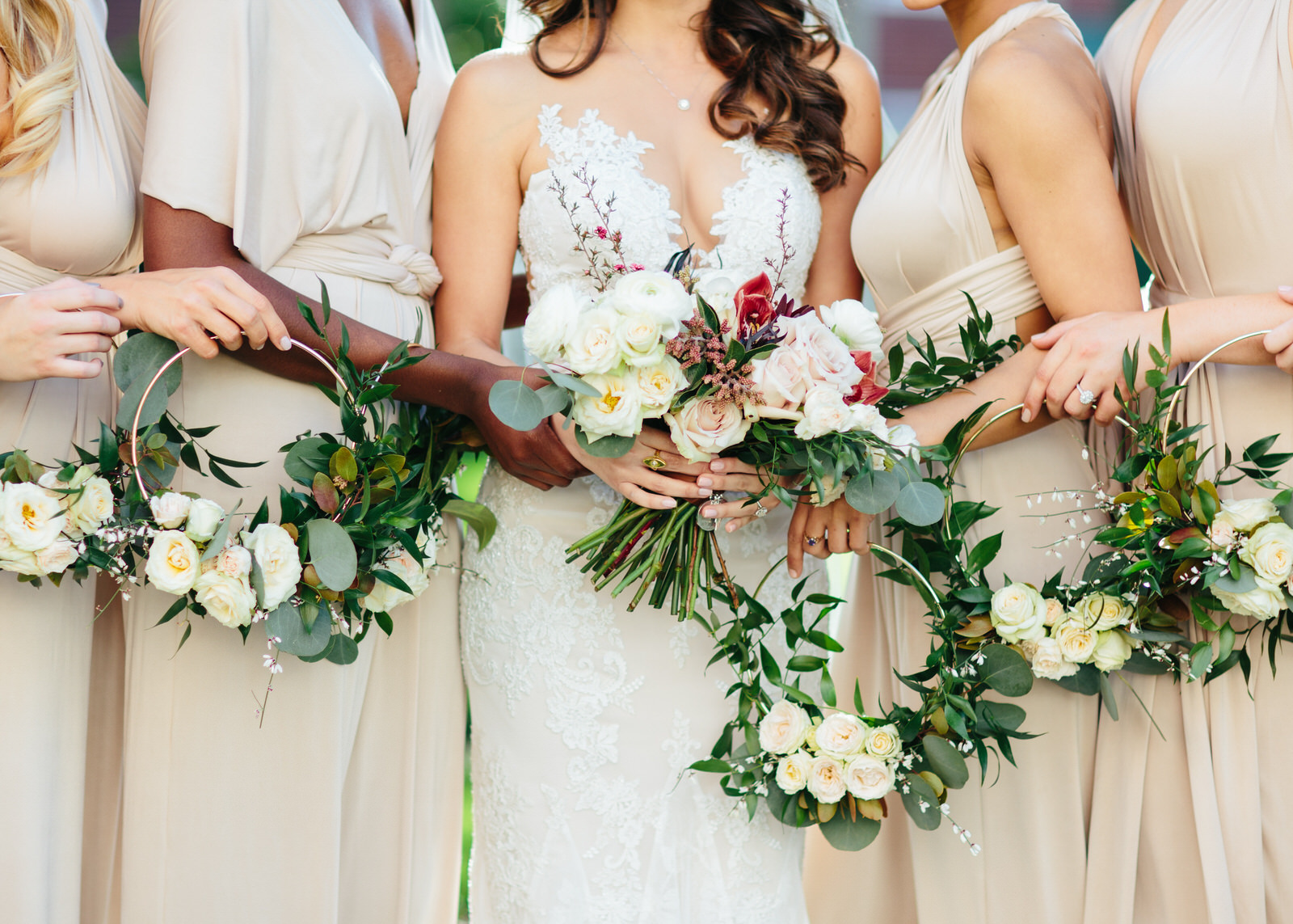 Bride bouquet with bridesmaids floral rings