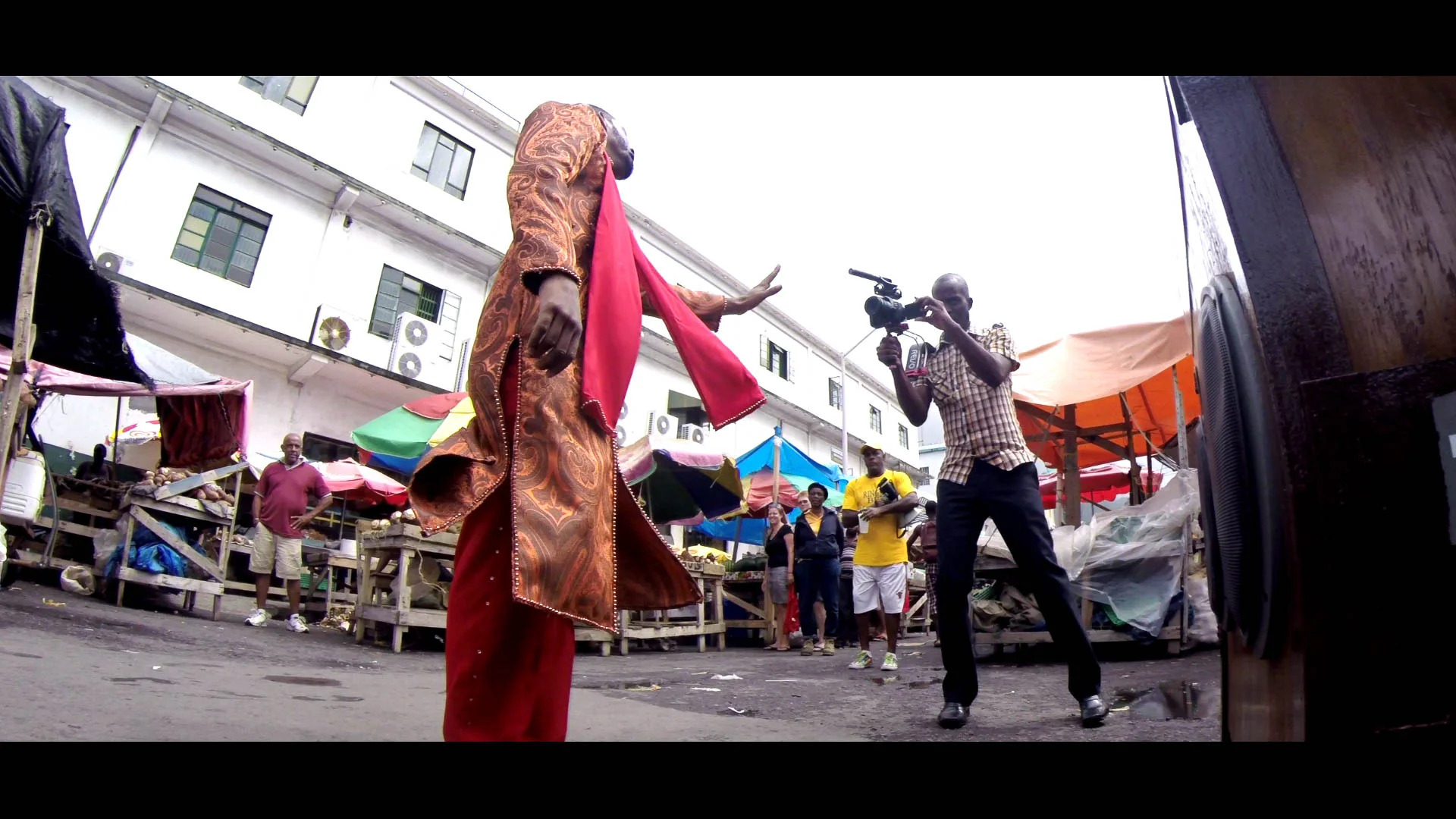 Singer shooting a music video, speakers blasting - Saturday market, Kingstown, SVG - Video Still