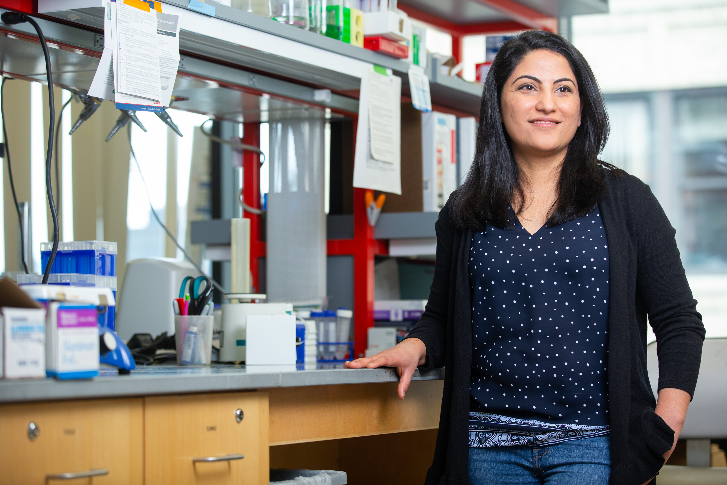  04/05/2019 - Boston, Mass. - Postdoctoral student Sharma Bijaya inside her lab. (Matthew Healey for Tufts University) 