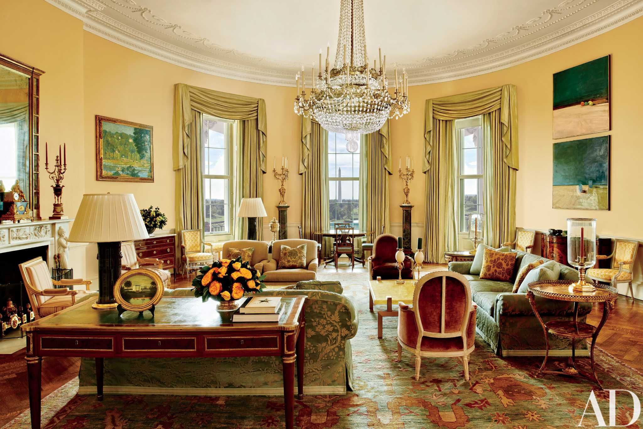 Another view of the Yellow Oval Room highlighting the beautiful desk upon which the Camp David peace accords of 1978 were signed. While the decor is formal the greens, rust and yellows picked up from the exquisite Oushak rug make this a very gracious and inviting sitting room