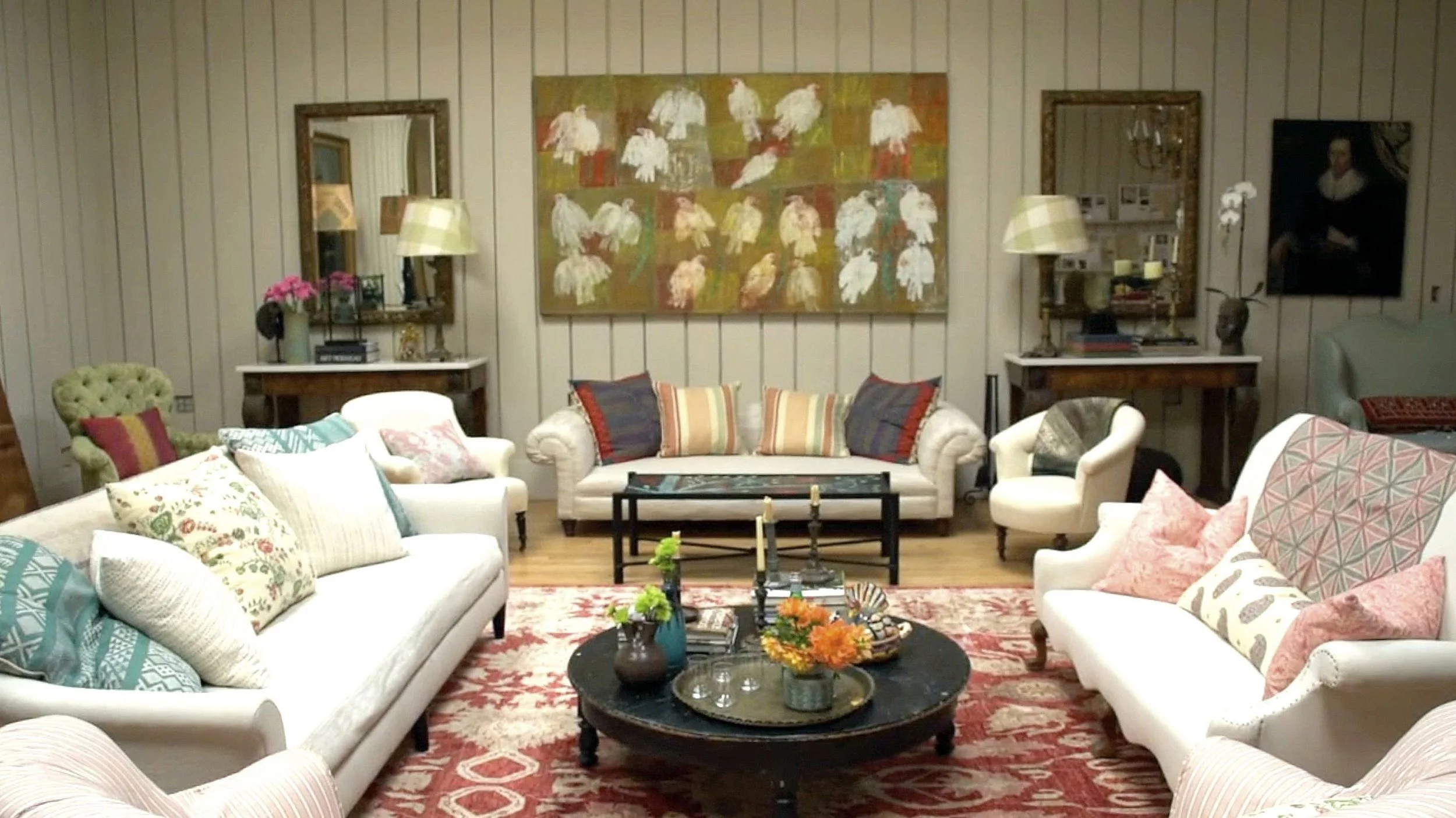 Rather than the karate chop down the middle of each cushion made popular in the 80's by the California interior designer Michael Taylor, Kathryn prefers to literally throw her cushions onto the sofa so they fall naturally. As Kathryn states, "they shouldn't be perfect and your character should come through..." ok - seems to work. We both share a preference for 10/90 down/feather cushion-fill with high quality feather and down, which makes them plush, comfy and perfect for lying around on.
