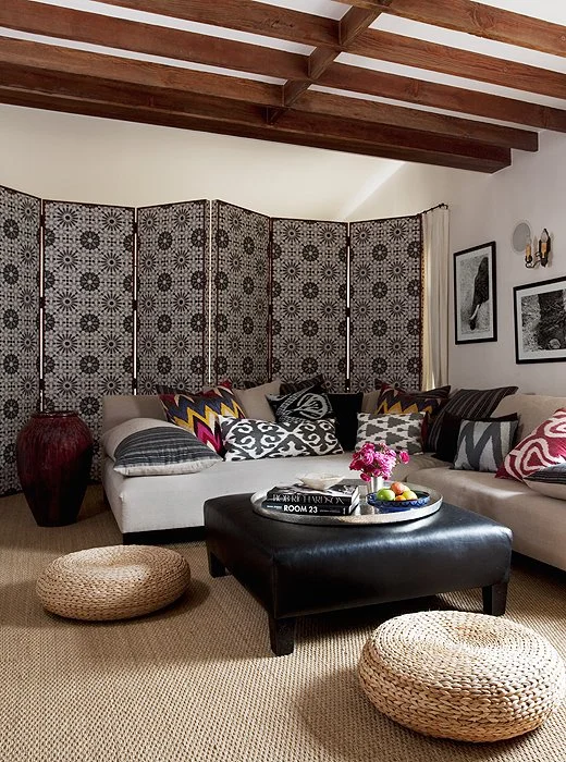 Photo by Tim Street-Porter; home of Ellen Pompeo A versatile folding screen decoratively closes off part of the room while adding drama, texture and pattern for a Bohemian effect