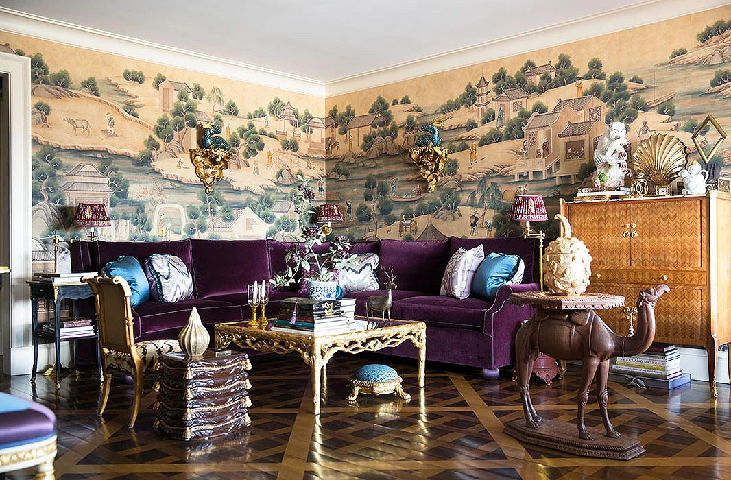 Photo by Lesley Unruh; interior by Alex Papachristidis I love custom wall treatments and even in this sumptuous livingroom the mural manages to steal the show!