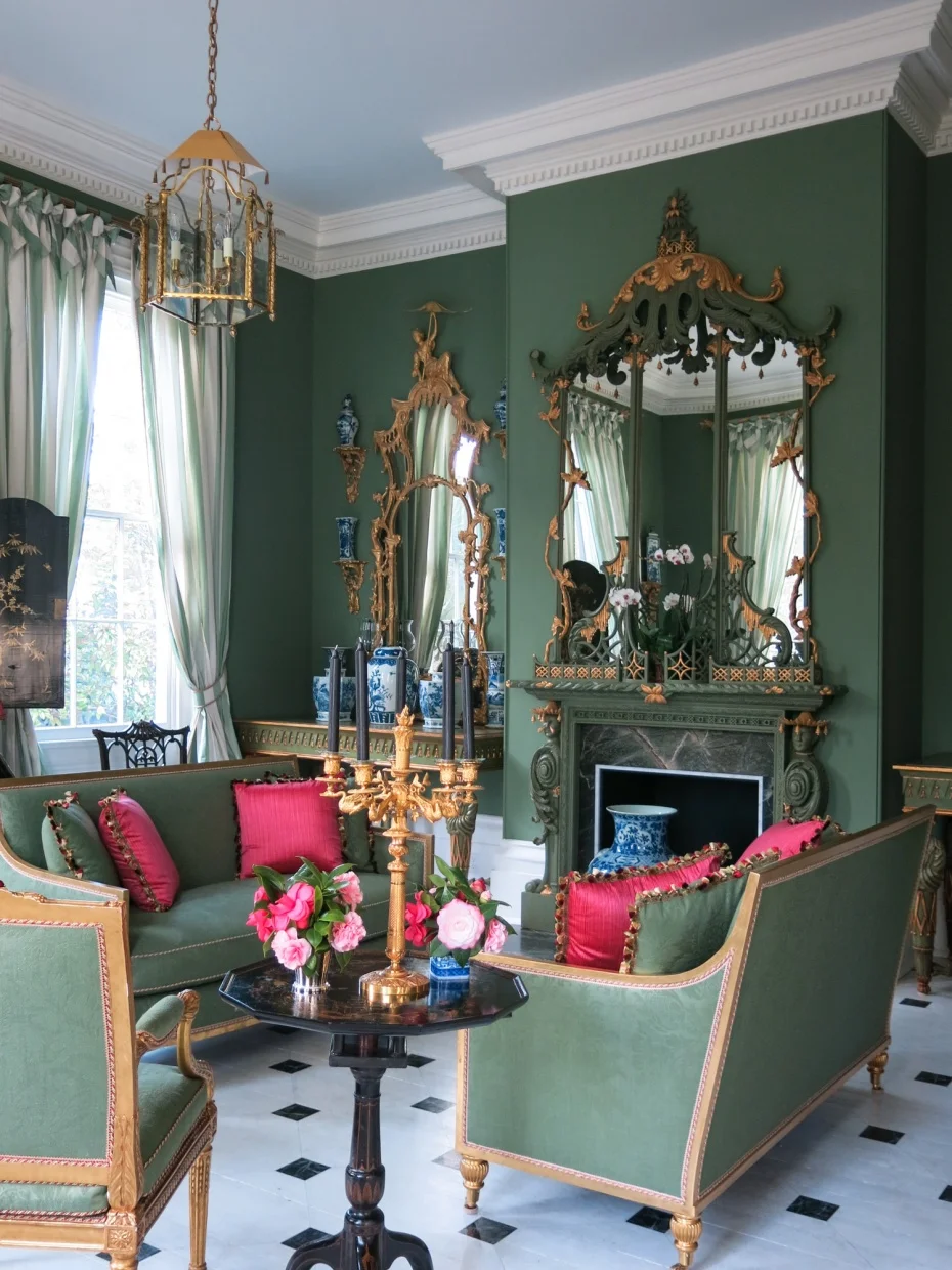 Carolyne Roehm's Chinoiserie Room - Gold leaf Pagoda-style lantern and pair of Hector Pagoda mirrors