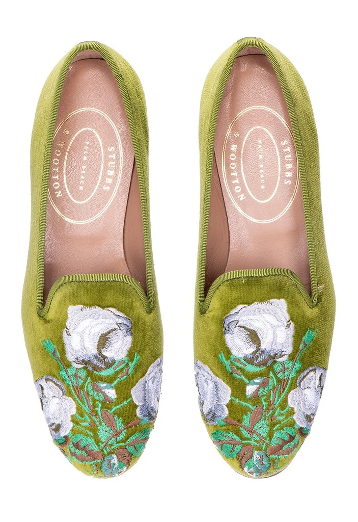 The Bowood slippers embroidered with that lush floral print in Pea-Green sea-island cotton velvet with the Stubbs & Wootton signature grosgrain trim in Pea Green