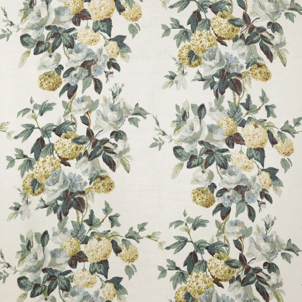 Colefax & Fowler rose and hydrangea fabric, the hyndragea slipper’s inspiration