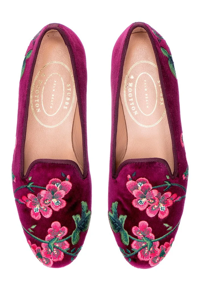 The Geranium slipper with a burgundy cotton velvet background and complementing burgundy grosgrain trim is beautifully embroidered with pink geraniums - the Climbing Geranium pattern is apparently out of production, but maybe these slipper warrant its comeback!