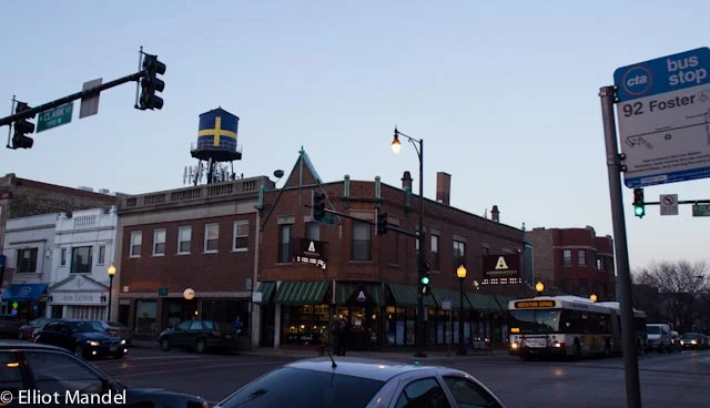 The giant Swedish water tower above the corner of Clark and Foster. 