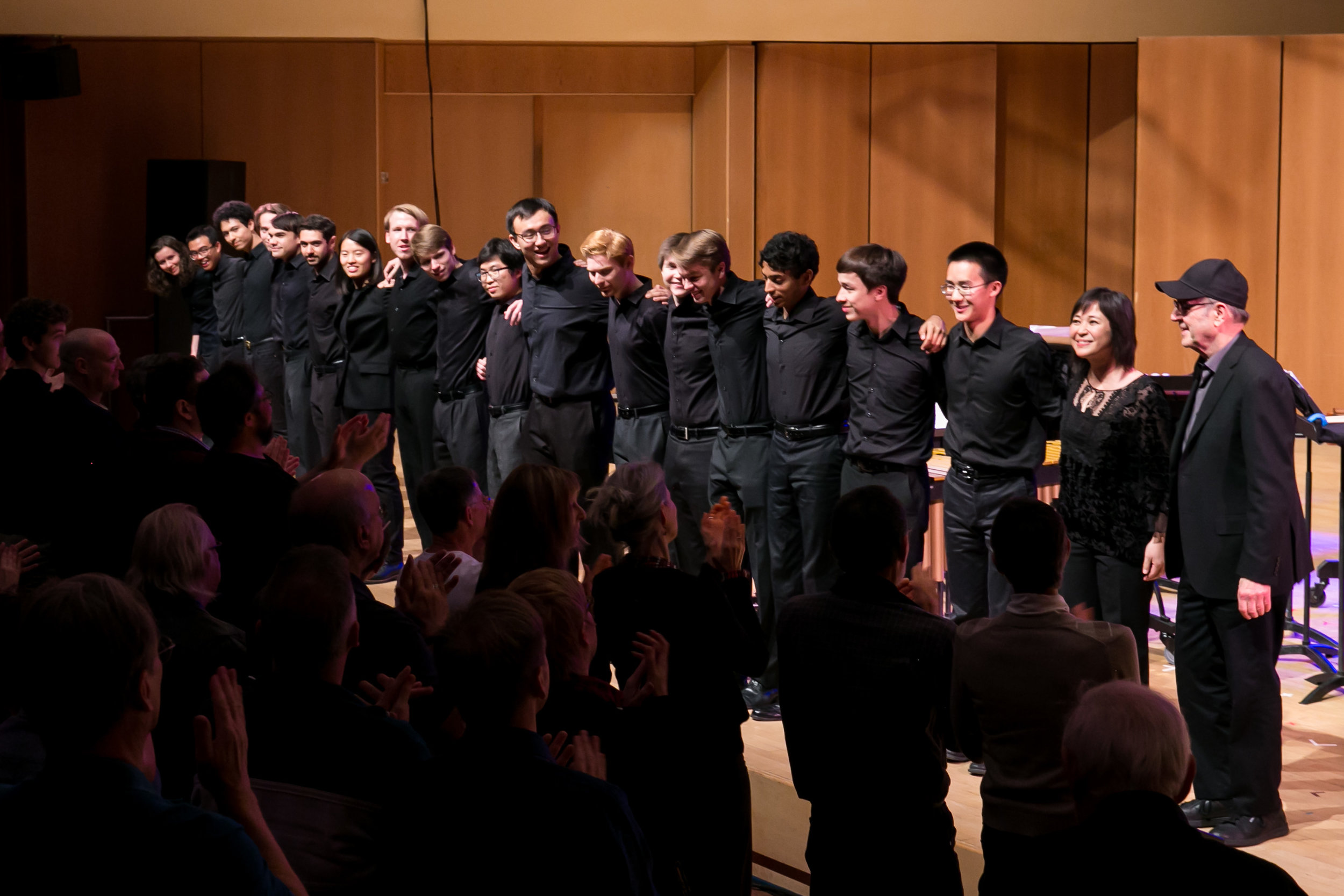 Steve Reich takes a bow with percussion ensembles at Northwestern University.