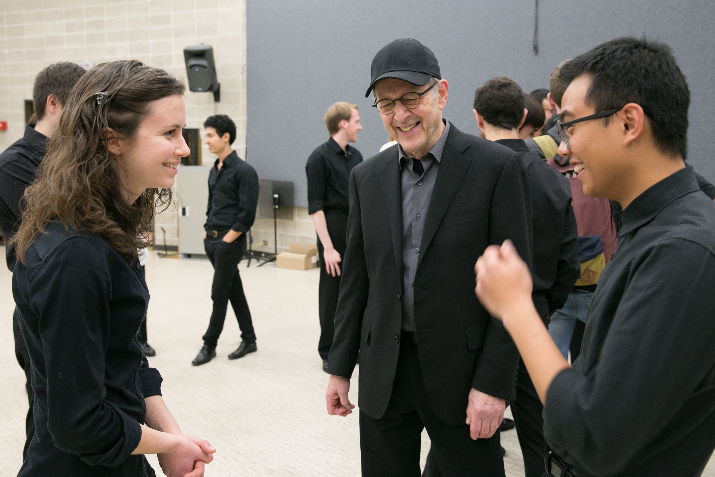  Steve Reich backstage with percussionists at Northwestern University.&nbsp; 