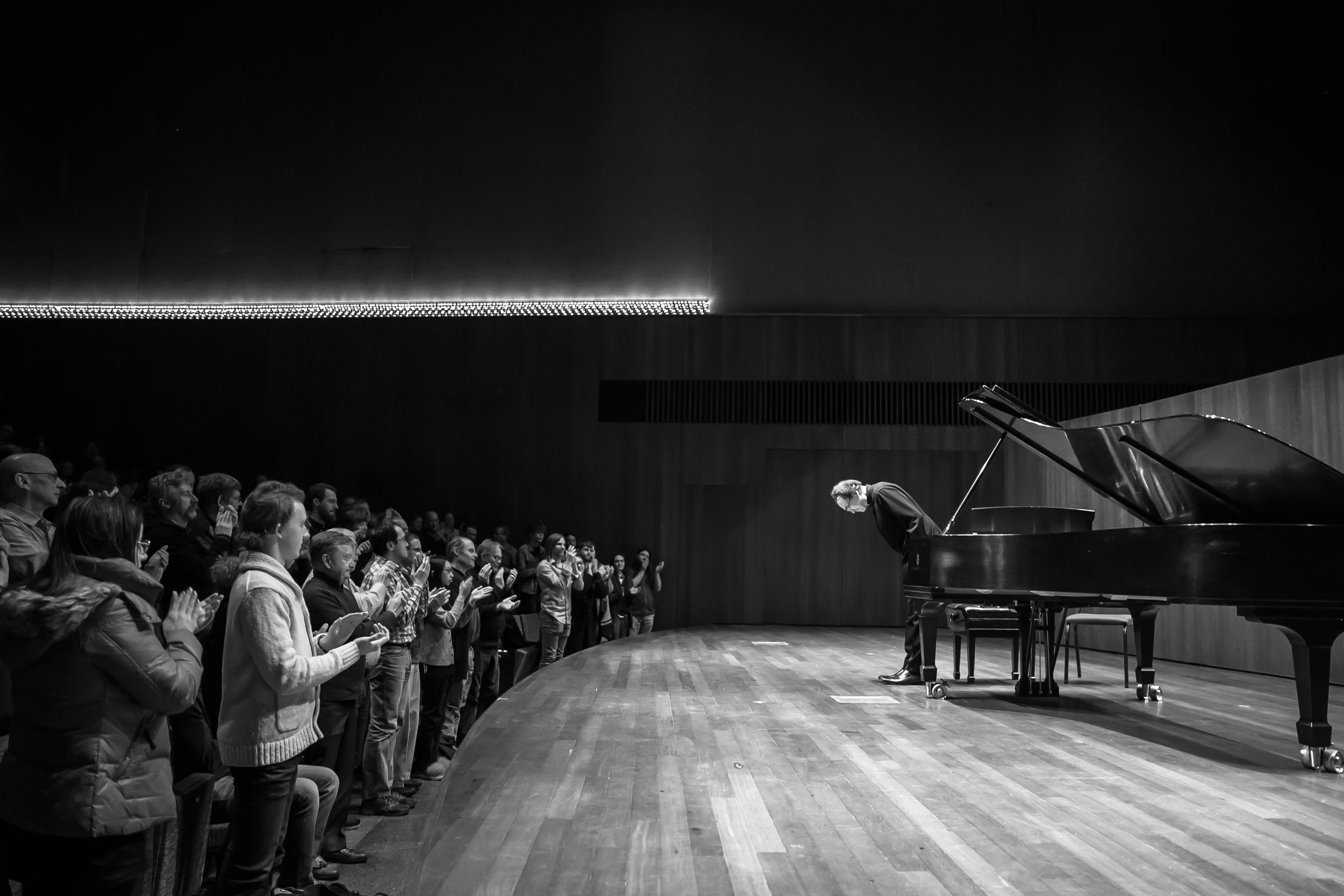  Pianist Pierre-Laurent Aimard takes a final bow after his solo recital for University of Chicago Presents, March 6, 2018.&nbsp; 