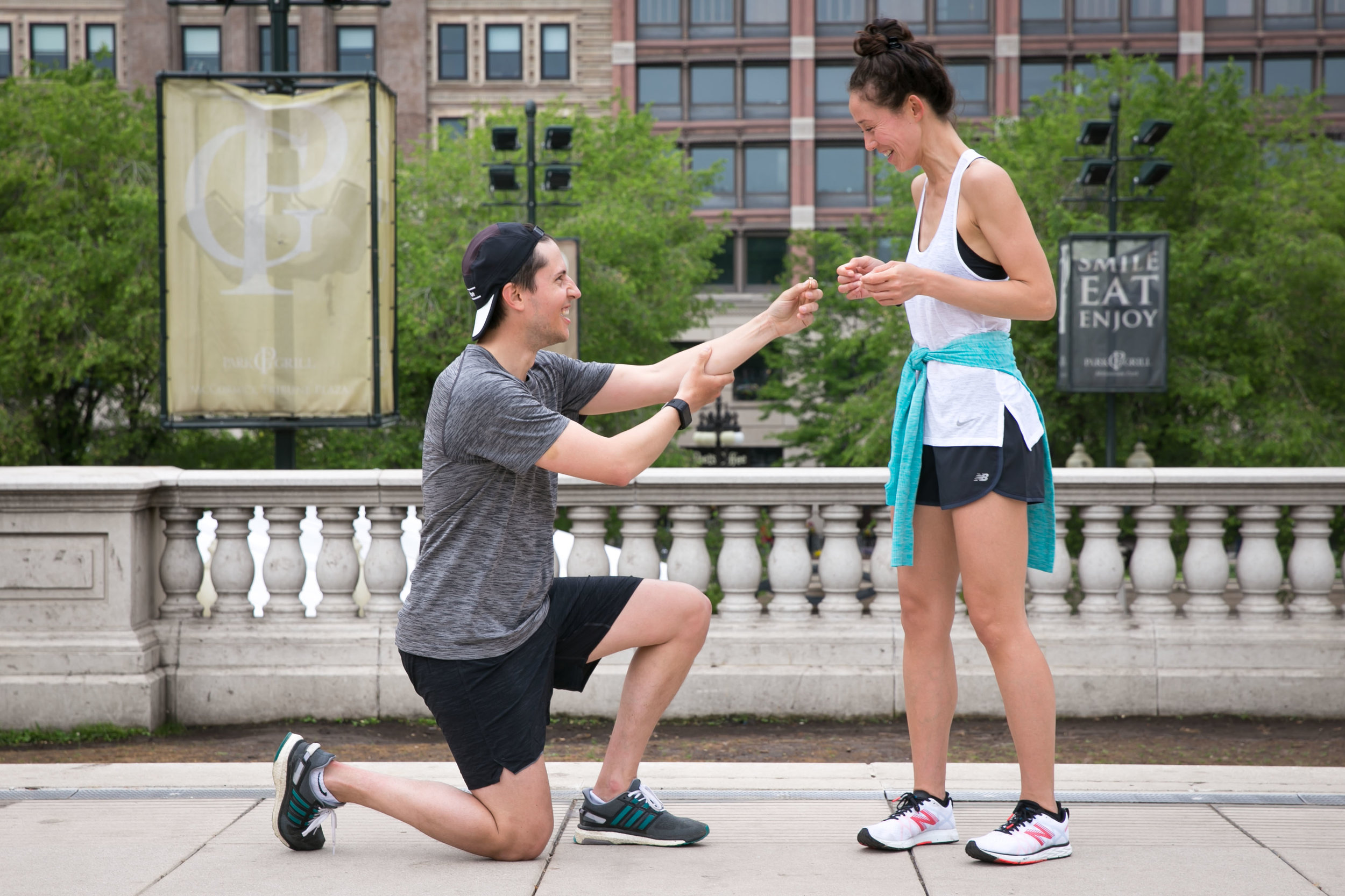 Jamie surprises Erica after a run with a ring.