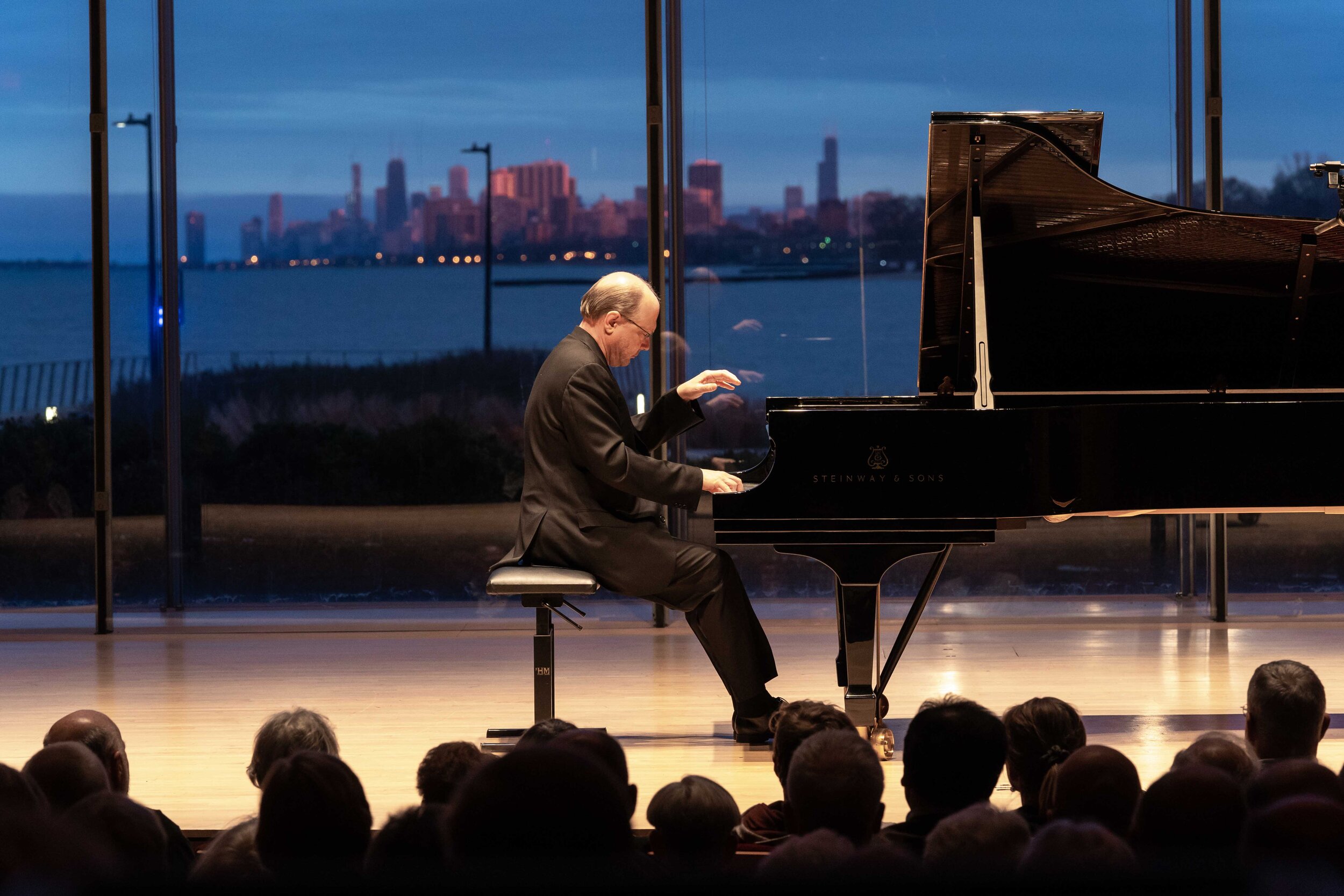  May: Marc-André Hamelin in recital against a spring sunset at Northwestern.  
