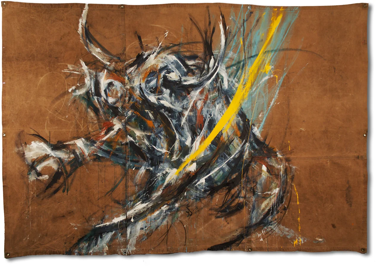 Tail Spin | 98" x 69" (175 X 249cm) | Acrylic on Reclaimed Tarp | Request Pricing