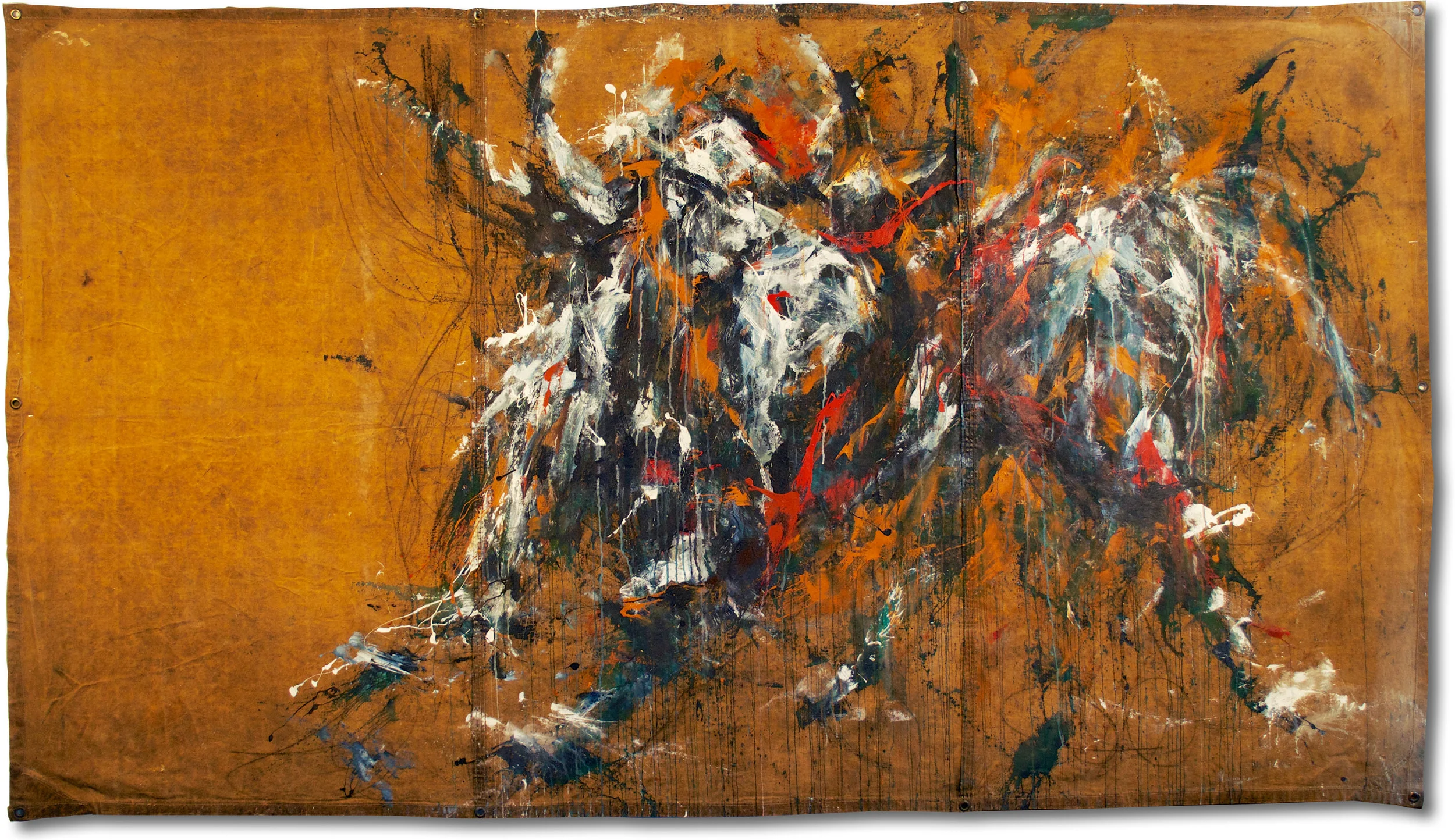 Mayhem | 128“ x 75” | Acrylic on Reclaimed Tarp | Sold