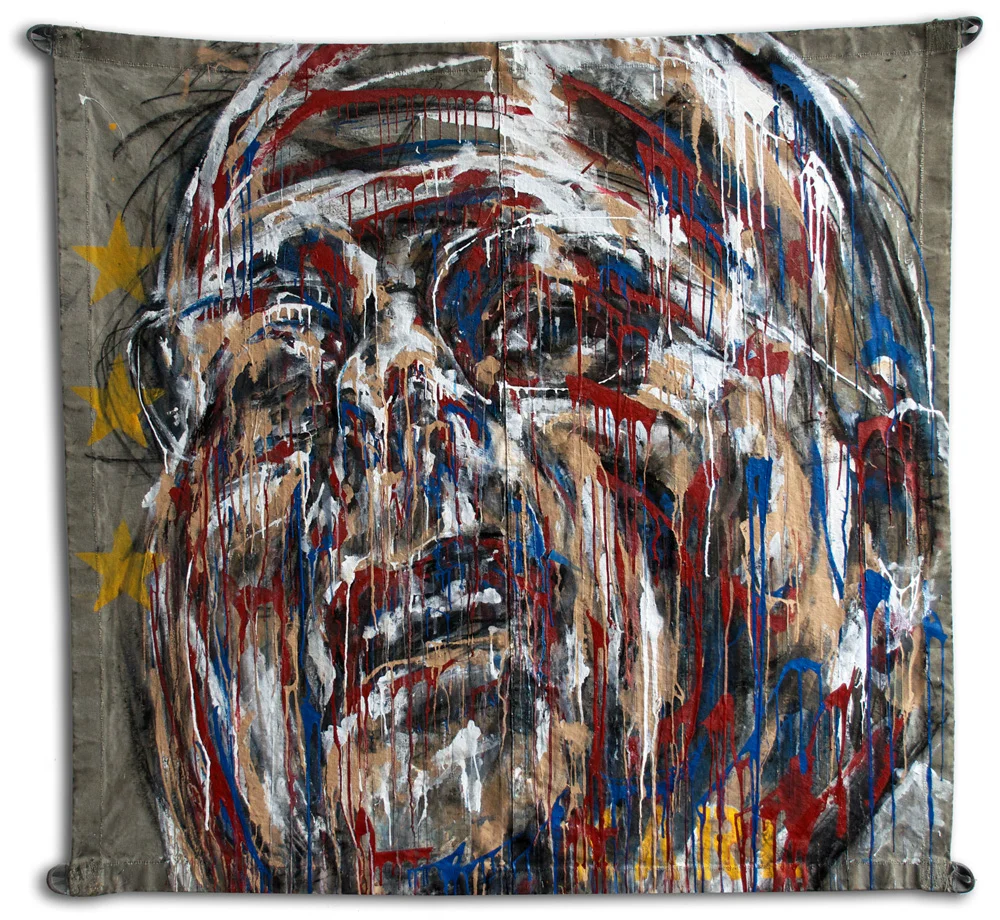 Karl | 60" x 60" (152 x 152 cm) | Acrylic on Reclaimed Army Tarp | Request Pricing