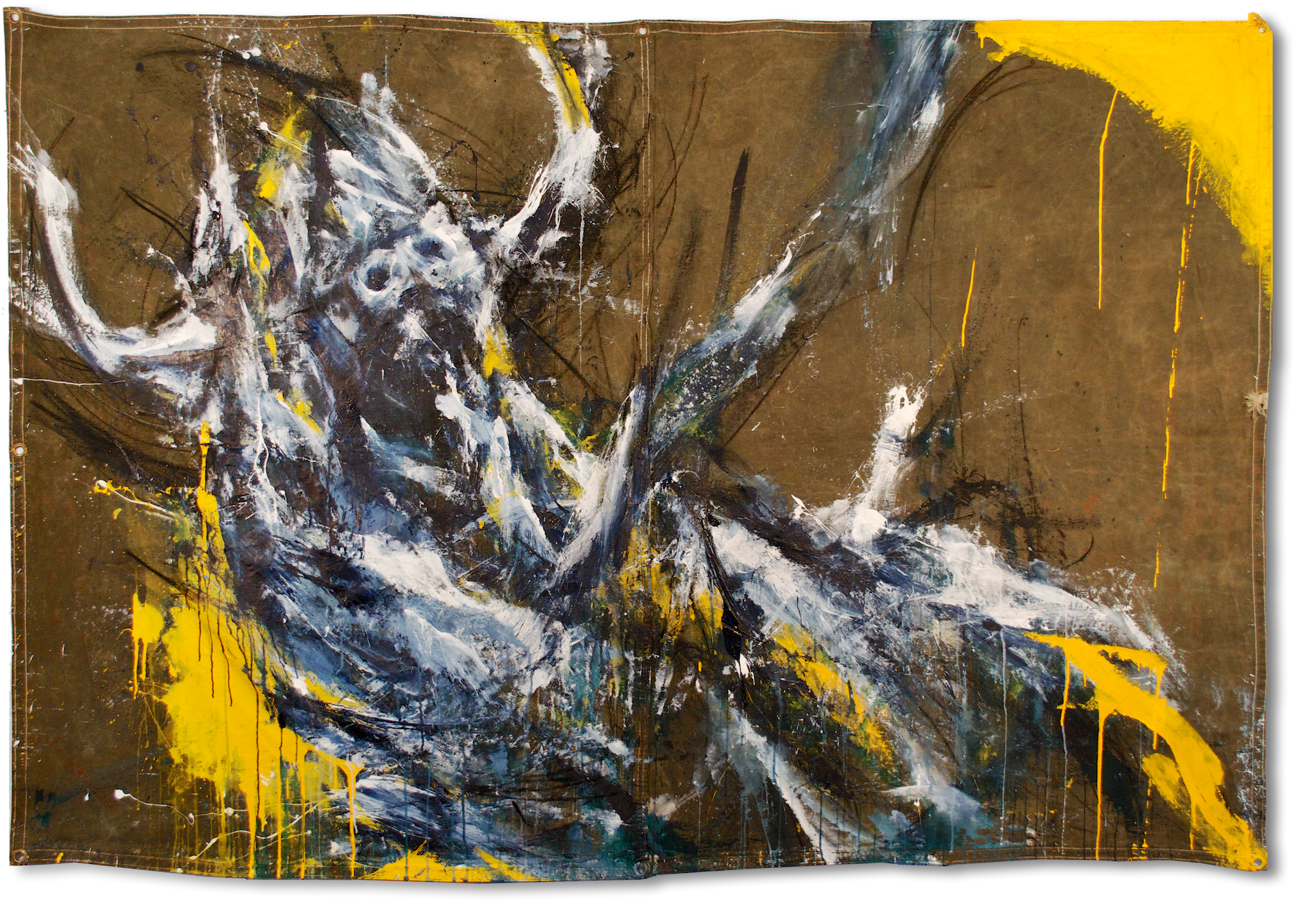 Emerging | 87“ x 60” | Acrylic on Reclaimed Tarp | Request Pricing