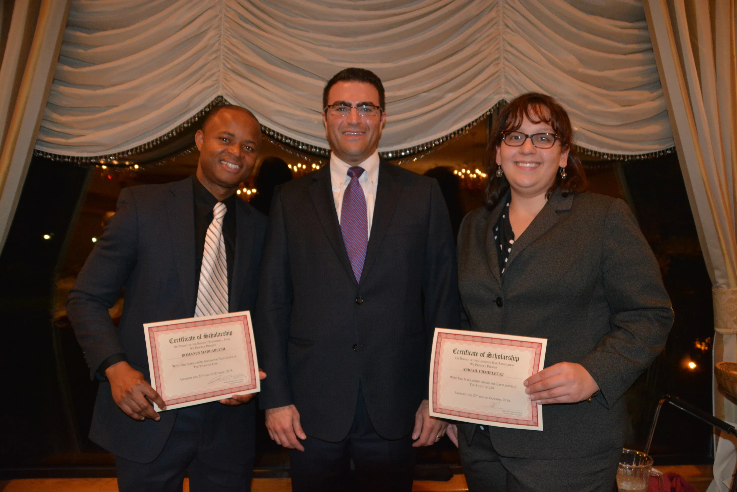 Scholarship award winners Romanus C. Madabchi and Abigail Chmielecki with the head of the LBA Scholarship Committee, Samer Obeid. 