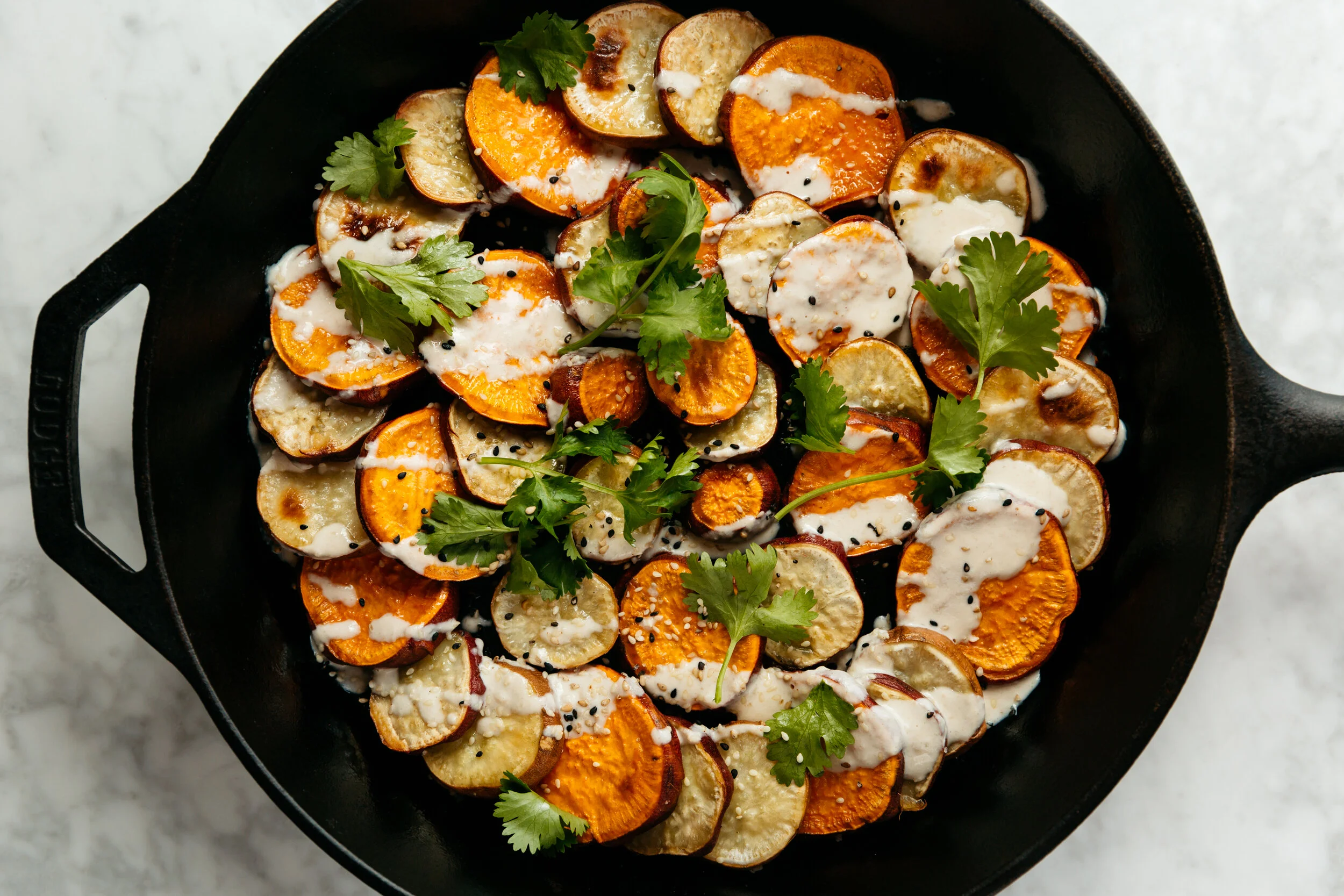 Roasted Sweet Potatoes with Tahini-Miso Sauce 