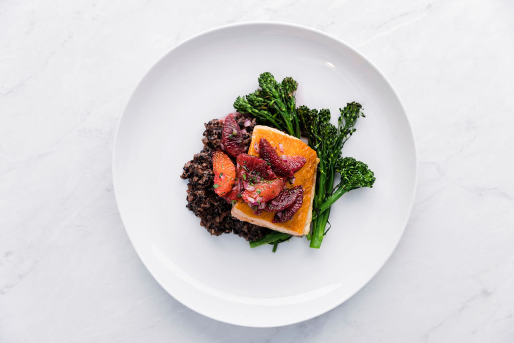 Pan-Seared Salmon with Citrus Salsa  and Forbidden Risotto 